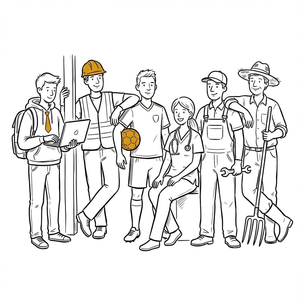 Diverse workers illustration - office workers, construction workers, athletes, and professionals standing together in solidarity